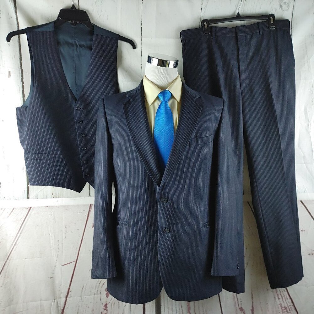 Vtg Walton Clothes By Scharff 42R 2 Button Deep Blue Pinstripe 3pc Suit 36x31 FF